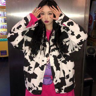 Cow Print Button Denim Jacket