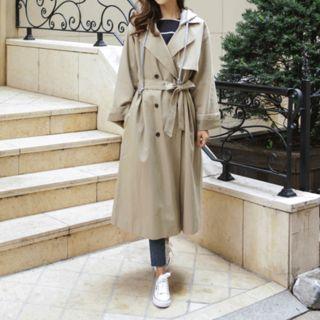Hooded Long Trench Coat With Sash