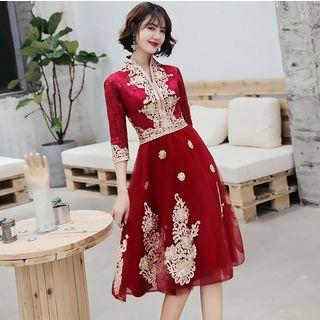 3/4 Sleeve Embroidered V-neck Cocktail Dress