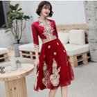 3/4 Sleeve Embroidered V-neck Cocktail Dress