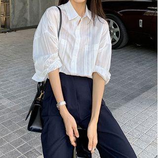 Set: Long-sleeve Striped Shirt + High-waist Wide-leg Dress Pants