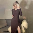 Button-up Slit Knit Midi Boycon Dress