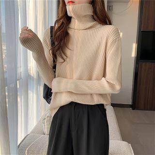 Long-sleeve High-neck Plain Knit Sweater
