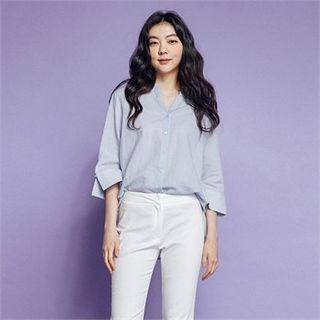 Open-placket Slit 3/4-sleeve Linen Shirt