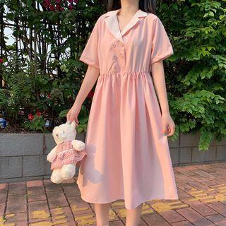 Notch Lapel Elbow-sleeve A-line Dress Pink - One Size