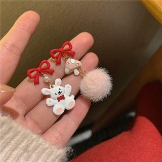 Asymmetrical Rabbit Pom Pom Drop Earring 1 Pair - Silver Needle - Rabbit - White - One Size