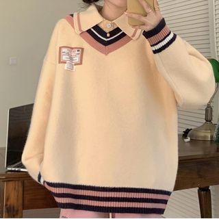 Mock Two-piece Contrast Trim Collared Sweater