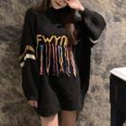 Lettering Embroidered Fringed Sweater Black - One Size