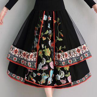 Mesh Panel Embroidered Midi A-line Skirt Black - One Size