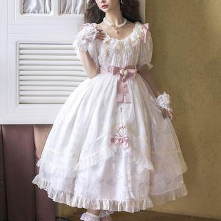 Puff-sleeve Bow Detail Lace Trim Midi A-line Dress
