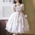 Puff-sleeve Bow Detail Lace Trim Midi A-line Dress