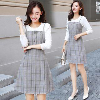 Set: Long-sleeve T-shirt + Plaid Spaghetti Strap A-line Dress