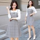 Set: Long-sleeve T-shirt + Plaid Spaghetti Strap A-line Dress