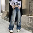 High Waist Distressed Washed Wide-leg Jeans