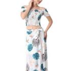 Set: Leaf Print Off-shoulder Cropped Top + Maxi A-line Skirt