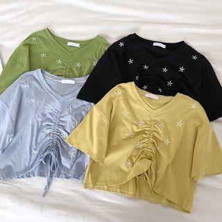 Flower Embroidered V-neck Drawcord Short-sleeve Top