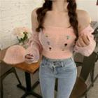 Set: Floral Embroidered Cardigan + Strapless Top Set - Cardigan & Strapless Top - Pink - One Size