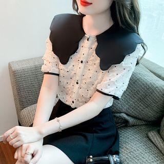 Short-sleeve Wide Collar Dotted Lace Blouse