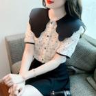 Short-sleeve Wide Collar Dotted Lace Blouse