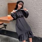Lace Trim Sailor Collar Midi A-line Shirtdress Black - One Size