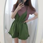 Petite Size Frill-hem Wide-leg Suspender Shorts