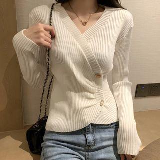 Long-sleeve V-neck Asymmetrical Wrap Knit Top