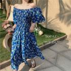 Off-shoulder Floral Print A-line Midi Dress White Floral Print - Dark Blue - One Size