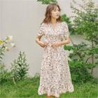 Wrap-front Shirred-sleeve Floral Long Dress