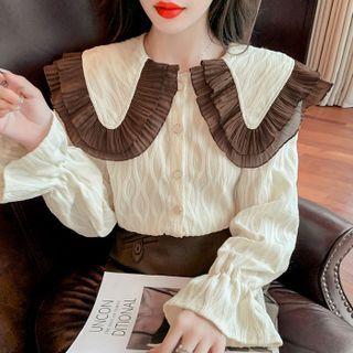 Long-sleeve Wide Collar Frill Trim Lace Blouse