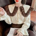 Long-sleeve Wide Collar Frill Trim Lace Blouse