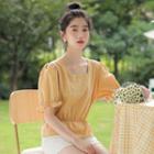 Puff-sleeve Square-neck Cropped Blouse Yellow - One Size