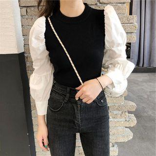 Puff-sleeve Panel Knit Top