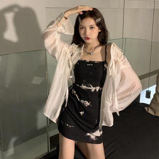 Spaghetti Strap Mini A-line Dress / Drawstring Shirt