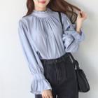 Frilled-collar Bell-cuff Shirred Blouse