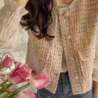 Button-up Flap-pocket Tweed Vest Ivory - One Size