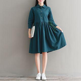 Plain Long-sleeve A-line Midi Shirt Dress