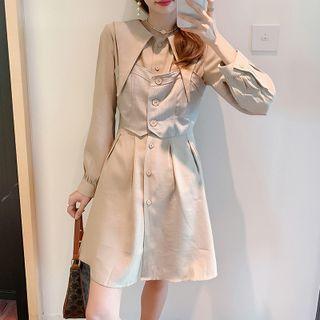Set: Long Sleeve Plain Shirtdress + Button-up Cropped Camisole