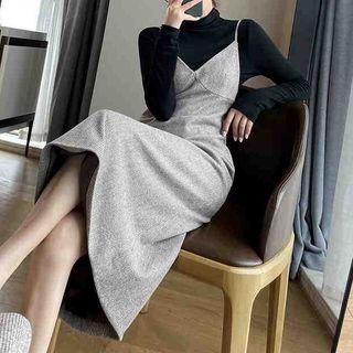 Mock-turtleneck Long-sleeve Top / Midi Pinafore Dress / Set
