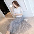Set: Elbow-sleeve Lace Panel Top + Lace Pleated Midi Skirt