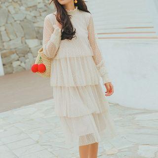 Lace Long Sleeve Layered Dress As Shown In Figure - One Size