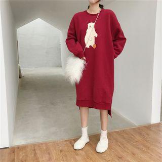 Printed Long-sleeve Sweatshirt Dress Wine Red - One Size