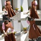 Two-tone Puff-sleeve A-line Dress With Sash Brown - One Size