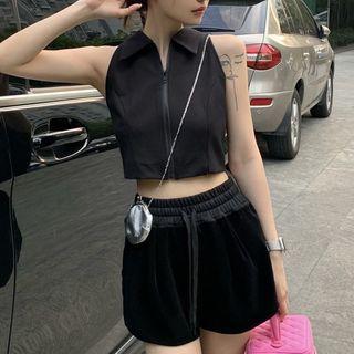 Collar Crop Tank Top / Wide Leg Shorts