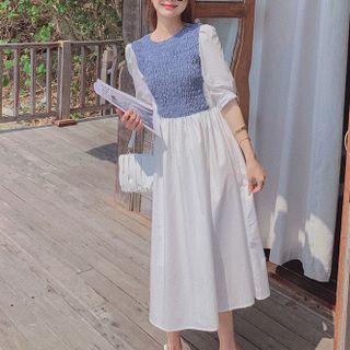 Short-sleeve Shirred Panel Midi A-line Dress