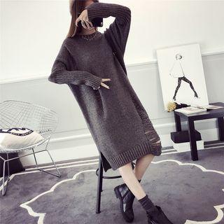 Long-sleeve Distressed Knit Midi Dress