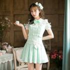 Bow Short-sleeve Pleated Dress