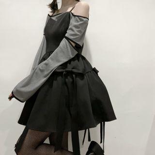 Long-sleeve Cutout Off-shoulder T-shirt / Spaghetti Strap Bow Mini Dress