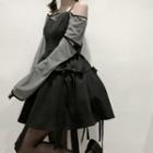 Long-sleeve Cutout Off-shoulder T-shirt / Spaghetti Strap Bow Mini Dress