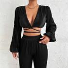 V-neck Lace Up Cropped Blouse