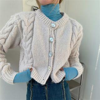 Plain Turtle-neck Long-sleeve Top / Cable-knit Cardigan